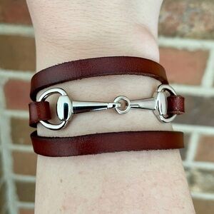 Brown Leather Wrap Bracelet with Silver Horse Bit Accent